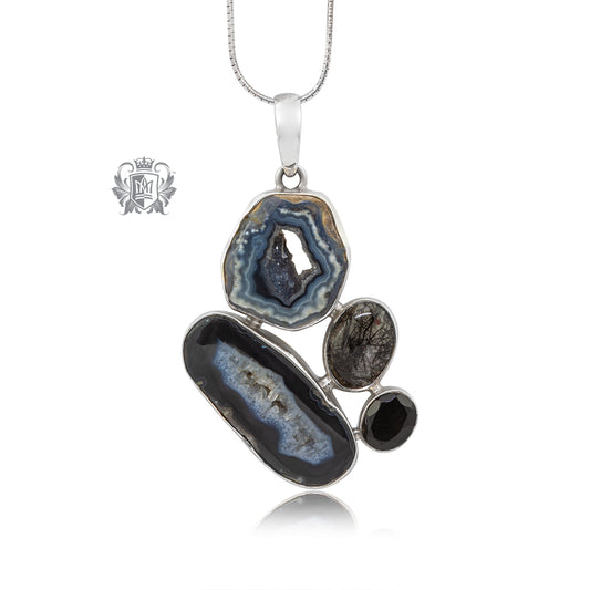 Black Agate Slice, Black Spinel & Rutilated Quartz Pendant