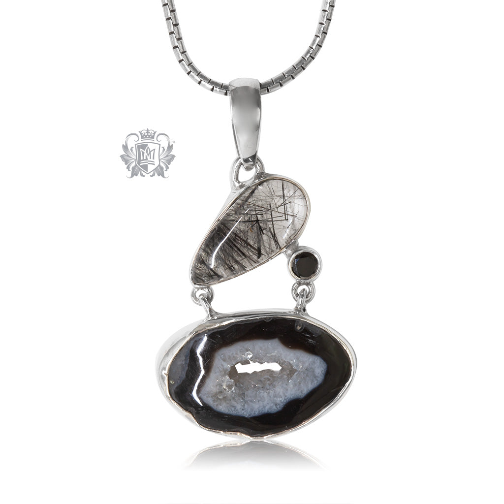 Black Agate Slice, Rutilated Quartz & Black Spinel Pendant