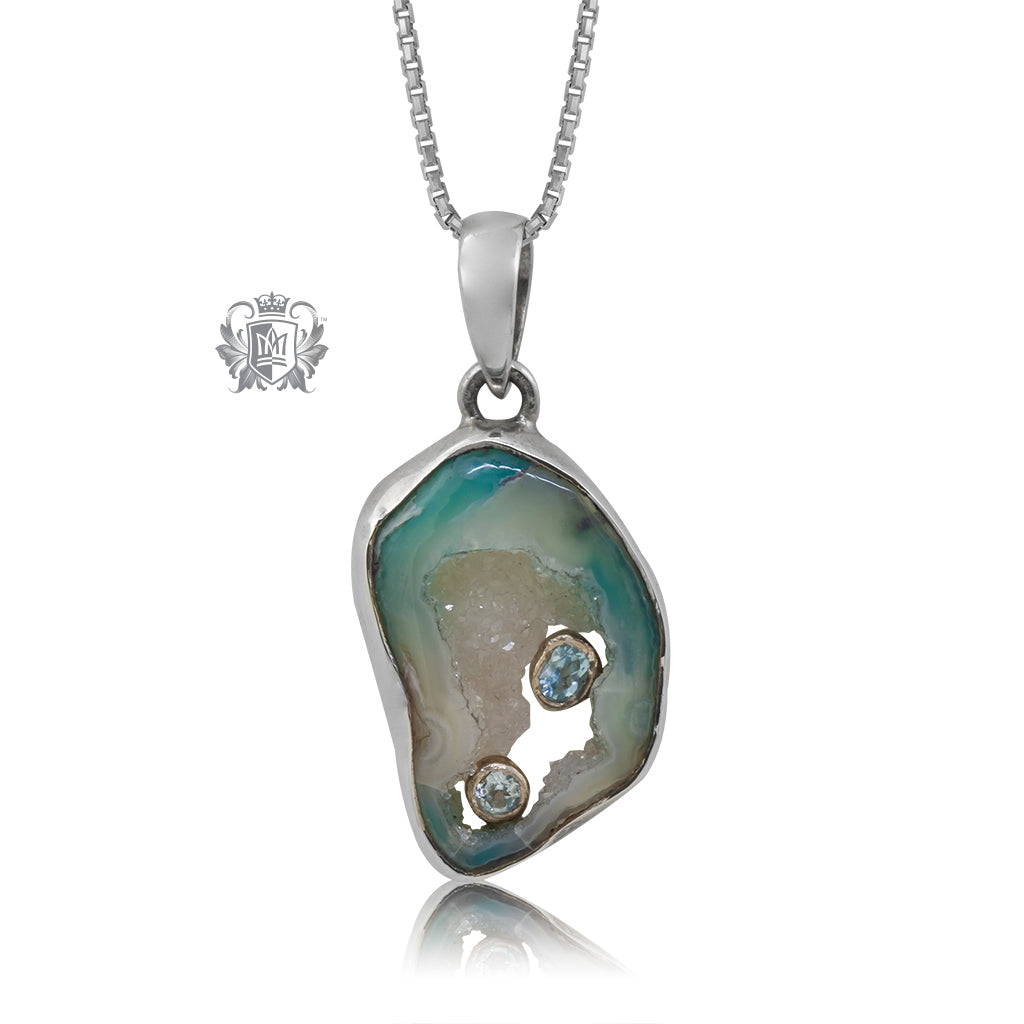 Sea Blue Agate Slice with Inset Blue Topaz Pendant