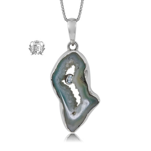 Sea Blue Agate Slice with Inset Blue Topaz Pendant
