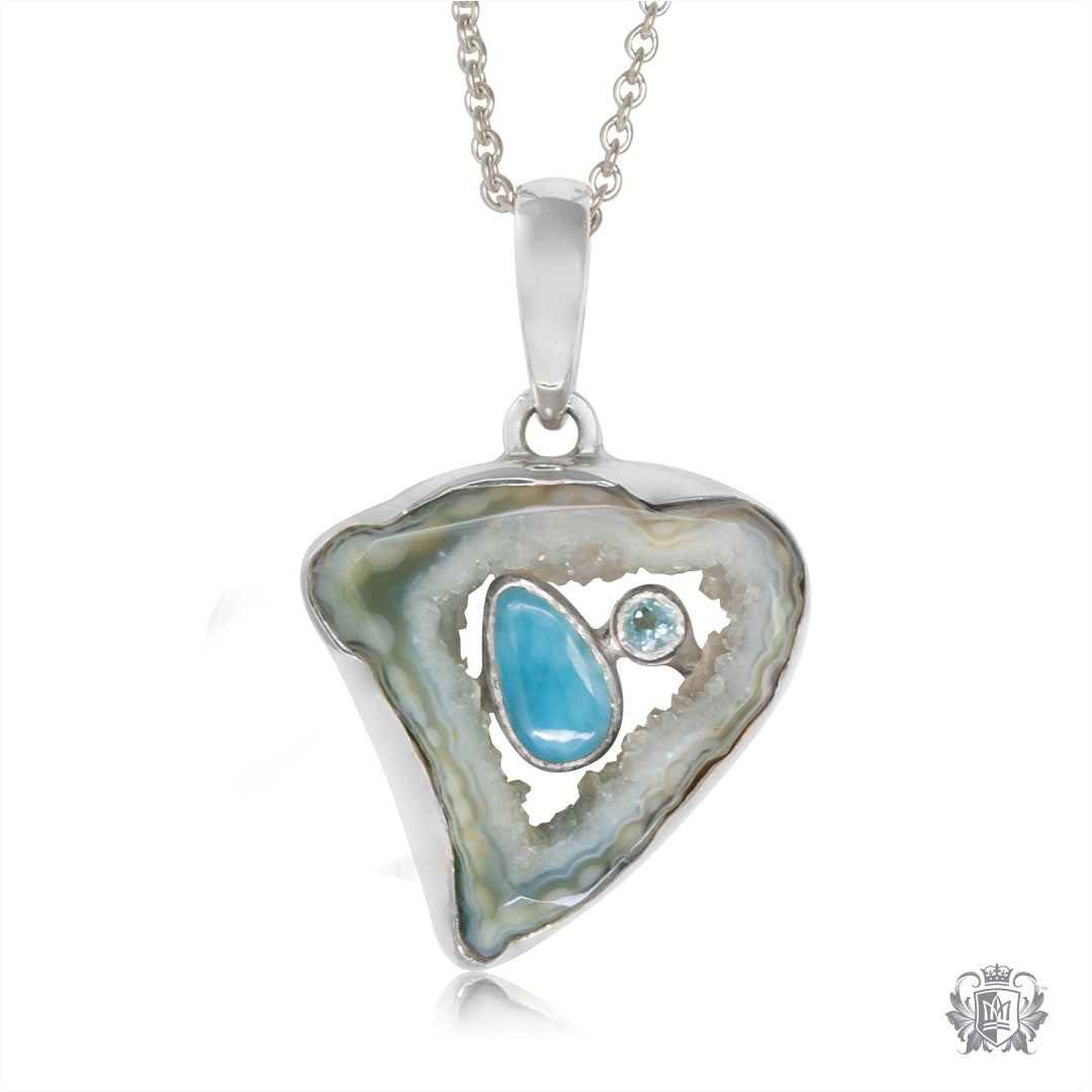 Sea Blue Agate Slice with Inset Blue Topaz and Larimar Pendant