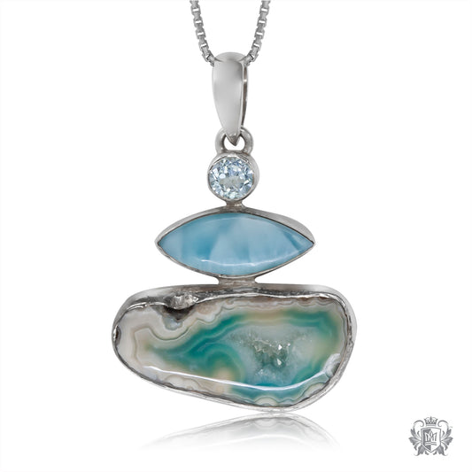 Sea Blue Agate with Blue Topaz and Larimar Accent Pendant