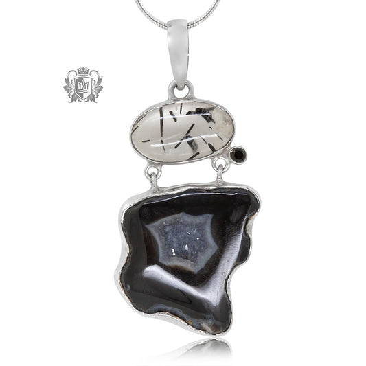 Black Agate Slice and Rutilated Quartz Pendant