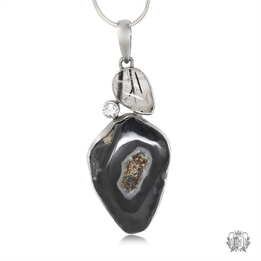 Black Agate & Rutilated Quartz Statement Pendant