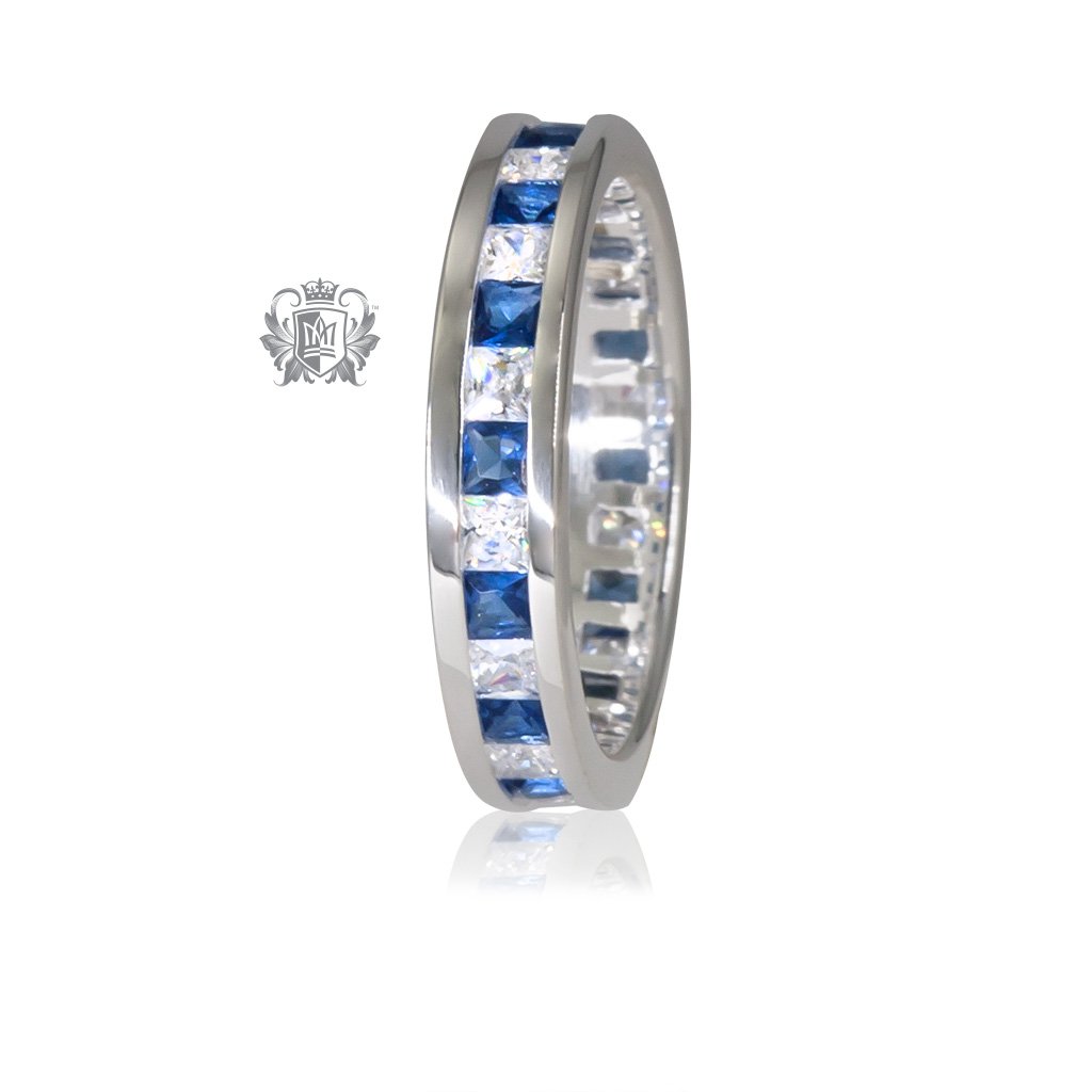Sapphire and clear cubic eternity band.