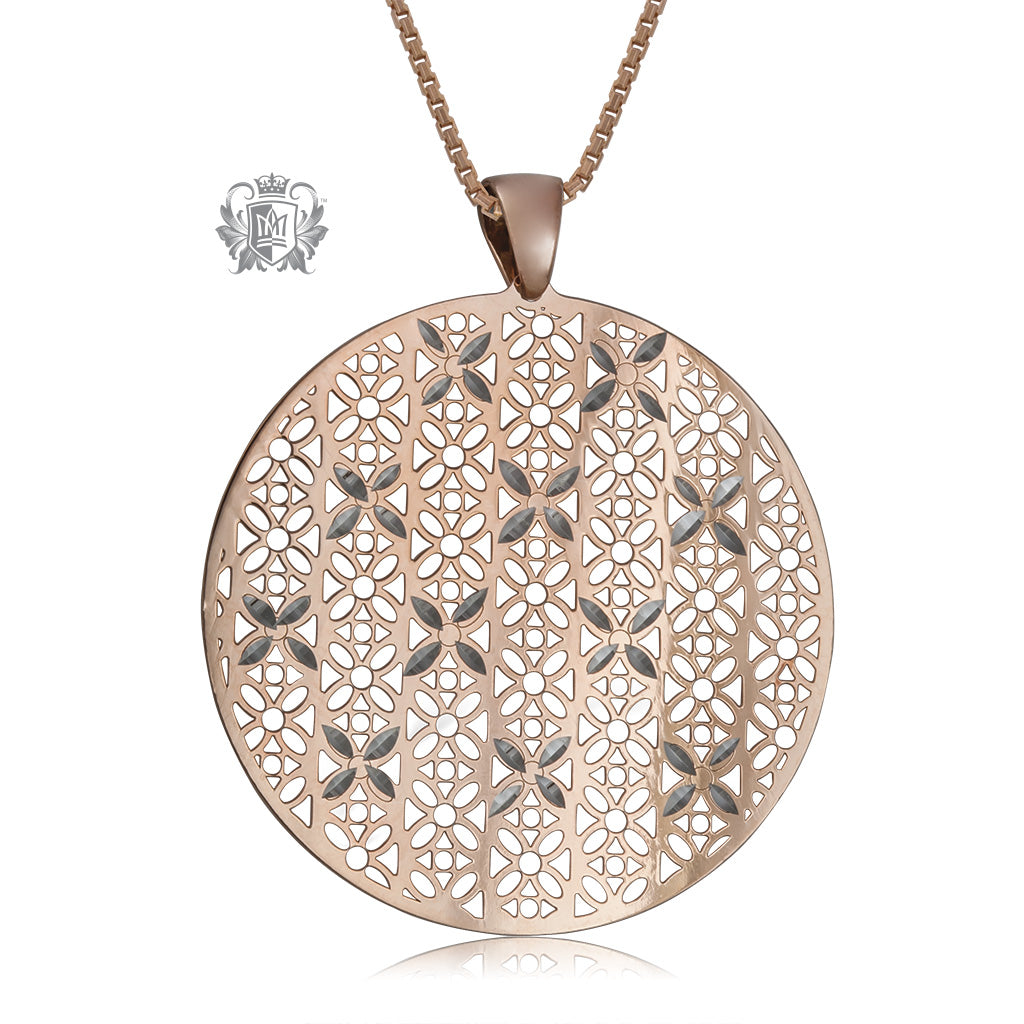 Rose Gold Dipped Round Floral Cut-out Pendant